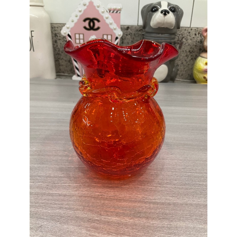 RED MULTI‎ COLORED CRACKLE GLASS VASE WITH RUFFLED EDGE CRACKLE GLASS VASE